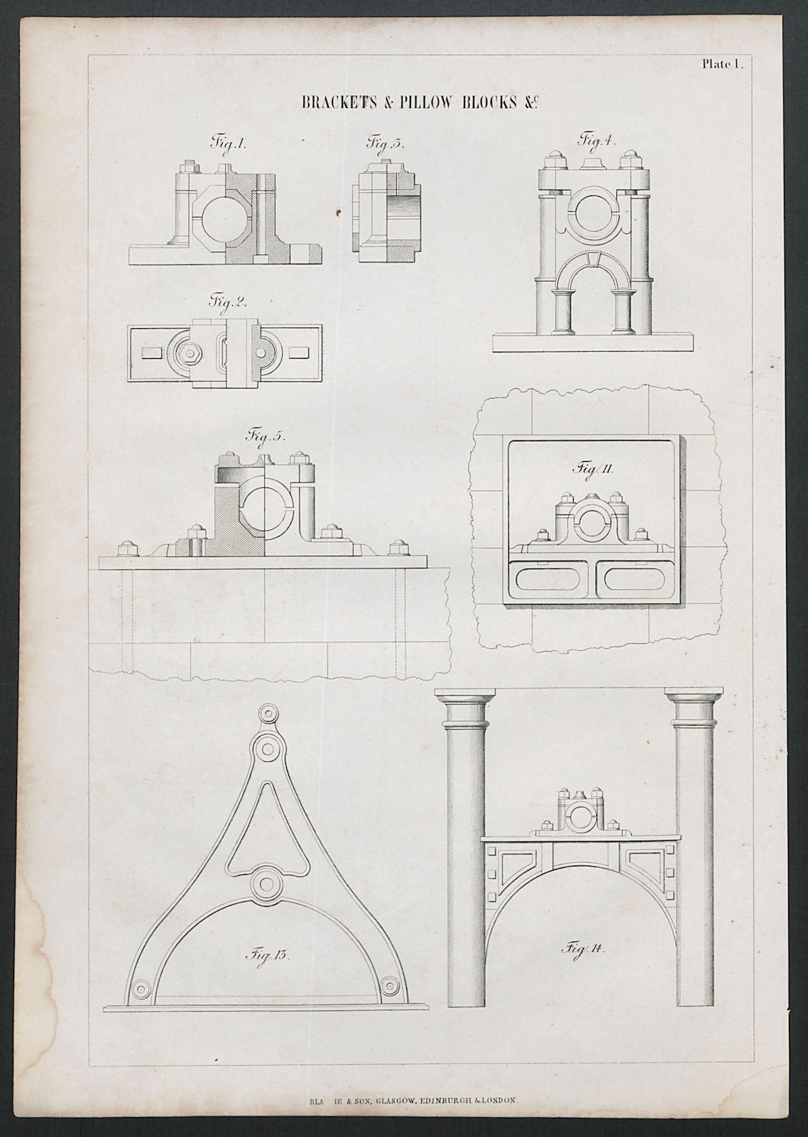 VICTORIAN ENGINEERING DRAWING Brackets & pillow blocks &c. (1) 1847 old print